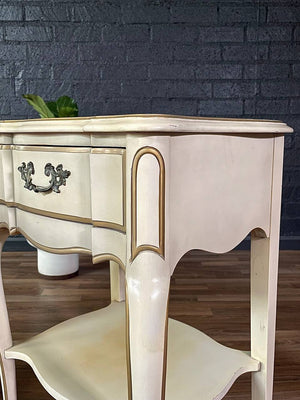 Pair of Vintage French Provincial Style Night Stands in Distressed Cream w/ Gold Trim, c.1960’s