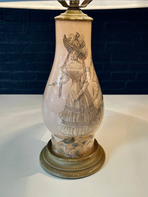 Pair of Vintage Hollywood Regency Ceramic Table Lamps w/ Rococo Fashion Illustrations, c.1950s