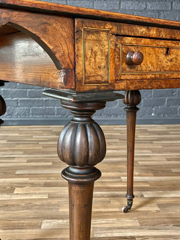 Antique Rosewood & Burl Wood Writing Desk / Entry Table w/ Turned Legs & Inlay, 1900’s