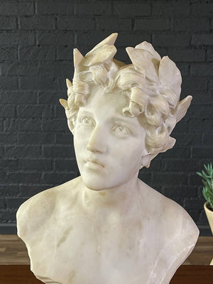 Signed Carved Alabaster Neoclassical Sculpture of Giuseppe Bessi Bust on Stand, c. 1920’s