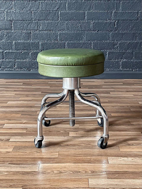 Mid-Century Industrial Chrome Adjustable Drafting Green Stool by Pedigo, c.1960’s