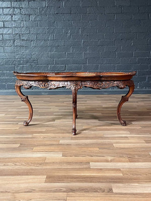 Italian Rococo Revival Carved Walnut Coffee Table w/ Floral Marquetry Inlay c.1920's