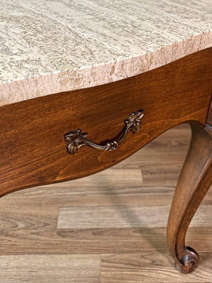 Pair of French Provincial Style Side Tables w/ Travertine Tops by Crown City Table Co., c.1960’s