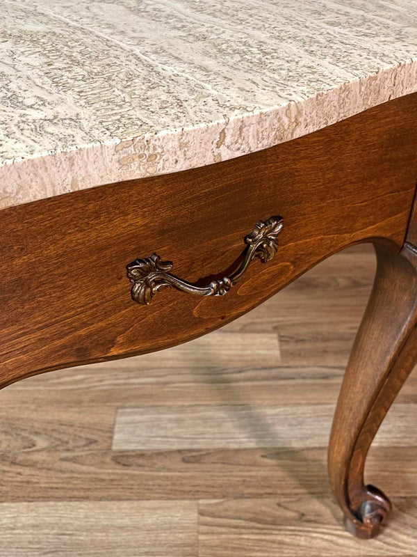 Pair of French Provincial Style Side Tables w/ Travertine Tops by Crown City Table Co., c.1960’s
