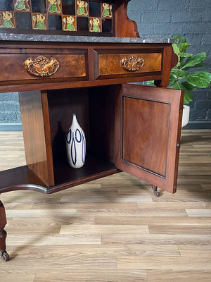Victorian Eastlake Black Marble-Top Washstand w/ Mirror & Floral Tiles, c.1940’s