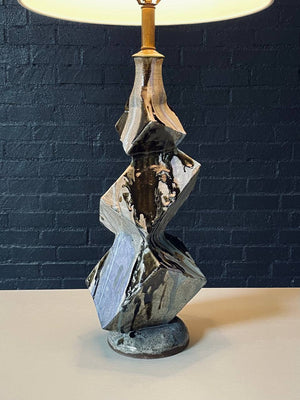 Mid-Century Brutalist Studio Ceramic Table Lamp w/ Sculptural Glazed Form, c.1960s