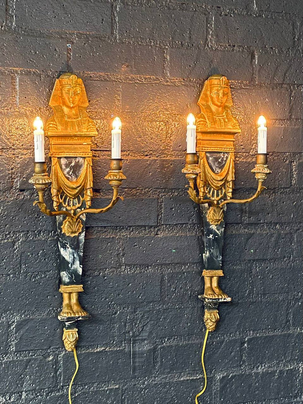 Pair of Italian Neoclassical Egyptian Revival Giltwood Sphinx Wall Sconces, c.1950’s