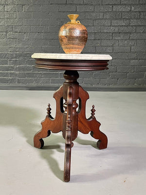 Antique Victorian Eastlake Walnut & White Marble Parlor Table, c.1900's