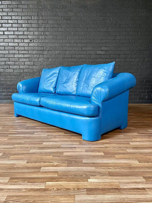 Vintage Post Modern Blue Leather Sofa, c.1980’s