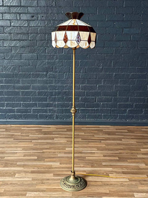 Tiffany Style Art Nouveau Style Floor Lamp w/ Slag Amber & Cream Glass Shade, c.1940’s