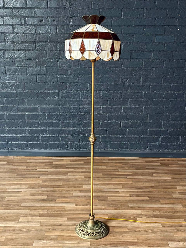 Tiffany Style Art Nouveau Style Floor Lamp w/ Slag Amber & Cream Glass Shade, c.1940’s