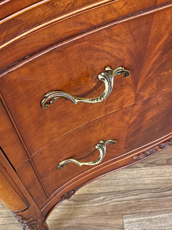 French Provincial Style Flame Mahognay Highboy Dresser w/ Serpentine Front, c.1940’s