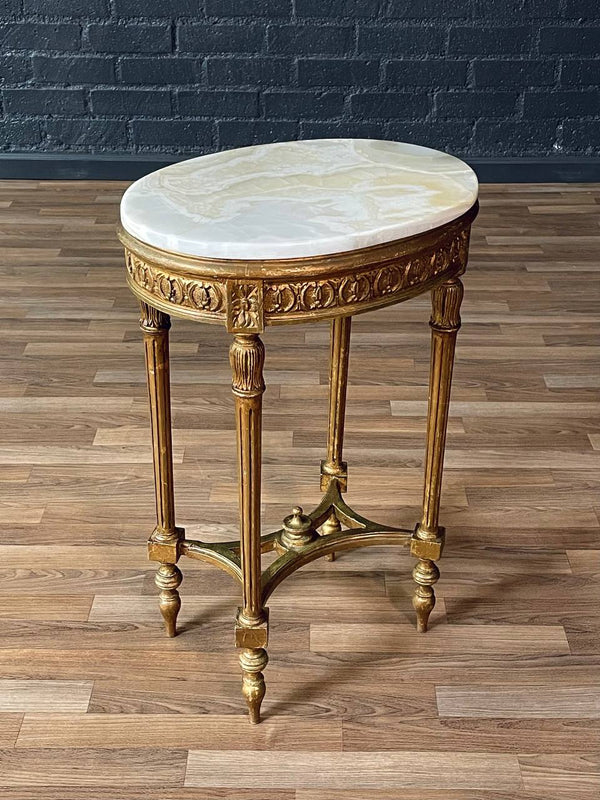 French Louis XVI Style Giltwood Side Table w/ Oval Onyx Top, c. 1940’s
