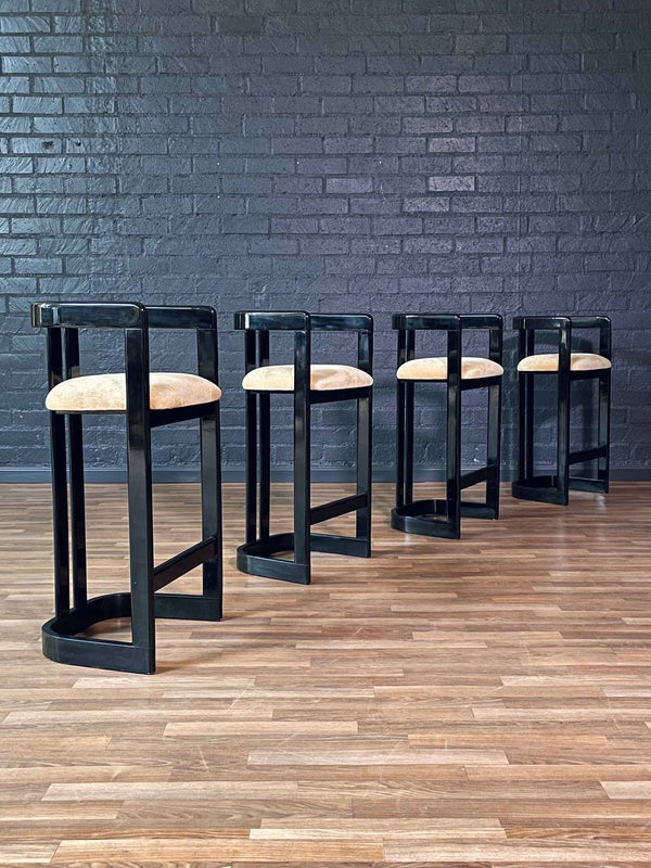 Set of 4 Vintage Post Modern Black Lacquered Bar Stools, c.1980s