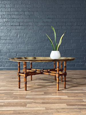 Mid-Century Brass Scalloped Glass Coffee Table w/ Faux Bamboo Base by Baker, c.1970’s