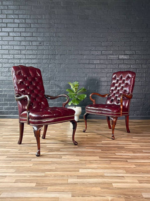 Pair of English Chippendale Style Button Tufted Leather Arm Chairs, c.1960’s