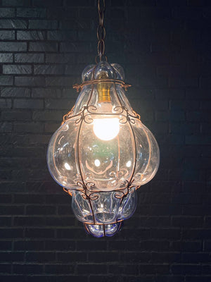 Pair of Vintage Blue Bubble Glass & Iron Pendant Lantern Lights, c.1960’s