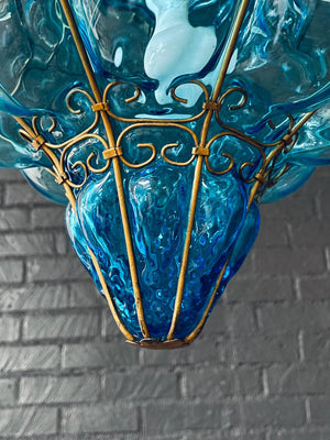 Pair of Vintage Turquoise Bubble Glass & Gilt-Metal Pendant Lantern Lights, c.1960’s