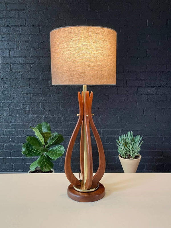 Mid-Century Modern Sculpted Walnut Table Lamp w/ Brass Accents, c.1960’s