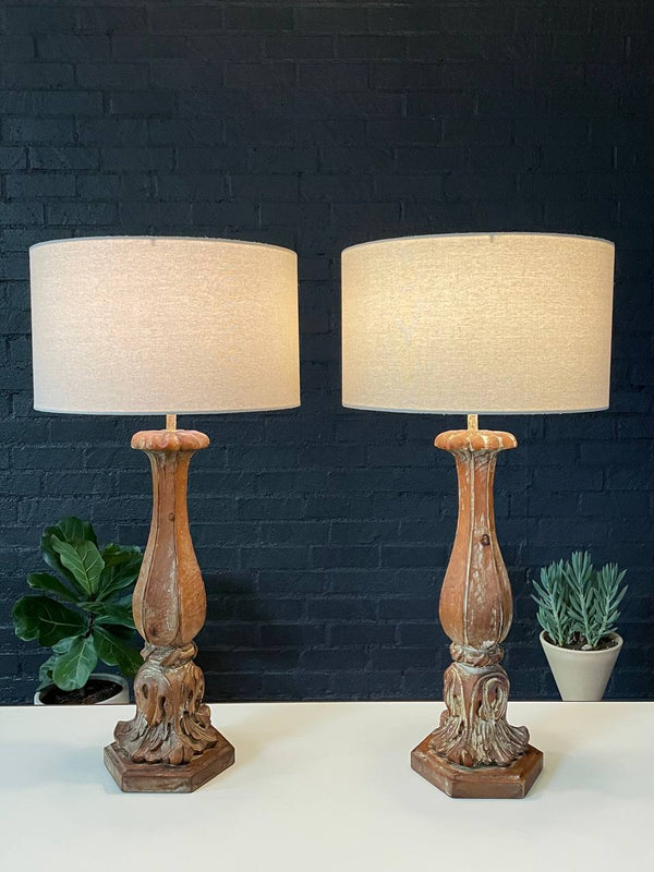 Pair of Italian Provincial Painted & Carved Wood Column Table Lamps, c.1940’s