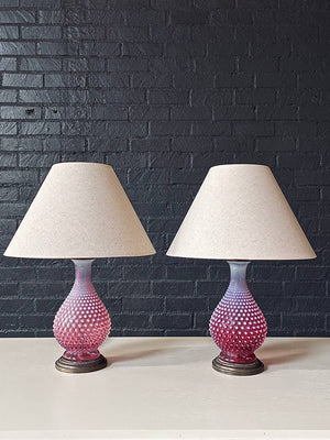 Pair of Mid-Century Pink Murano Hobnail Glass Table Lamps by Fenton, c.1960’s