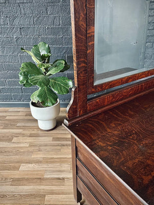 Antique Victorian Eastlake Tiger Oak Dresser with Beveled Mirror, c.1920’s
