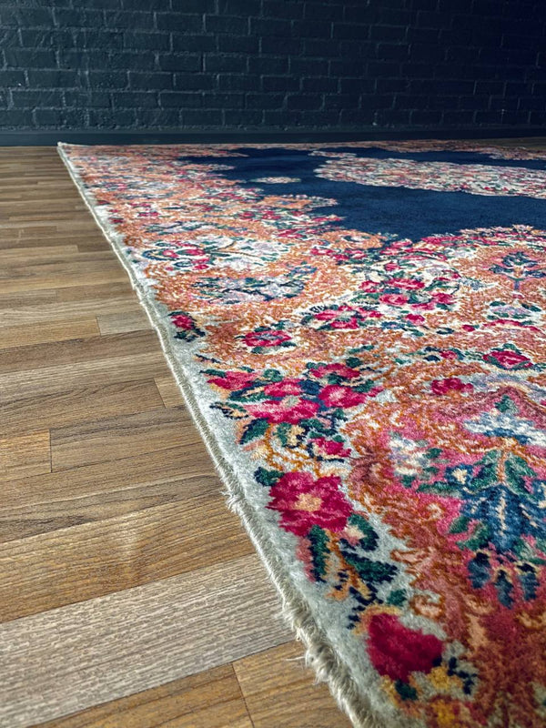 Large Persian Kashan Rug Hand-Knotted Rust Floral Medallion on Deep Indigo Field, c.1930s