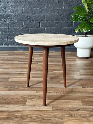 Mid-Century Modern Walnut Tripod Side Table w/ Travertine Marble Stone,c.1960’s