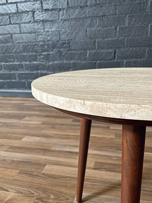Mid-Century Modern Walnut Tripod Side Table w/ Travertine Marble Stone,c.1960’s