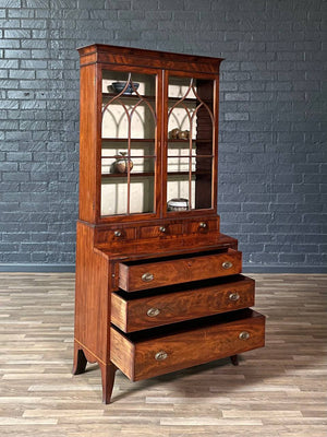 English Georgian Sheraton Style Flame Mahogany Secretary Bookcase, c.1900’s