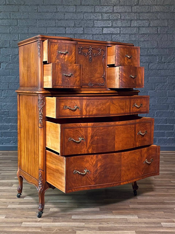 French Provincial Style Flame Mahognay Highboy Dresser w/ Serpentine Front, c.1940’s