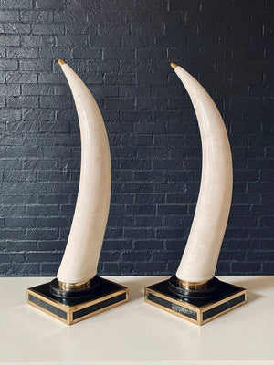 Pair of Post Modern Faux Tusks on Tessellated Marble & Brass Bases by Marquis Collection of Beverly Hills, c.1980s