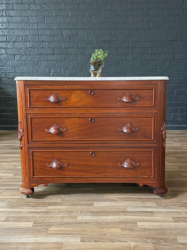 Antique American Walnut & Marble Top Dresser with Three Drawers, c.1900’s