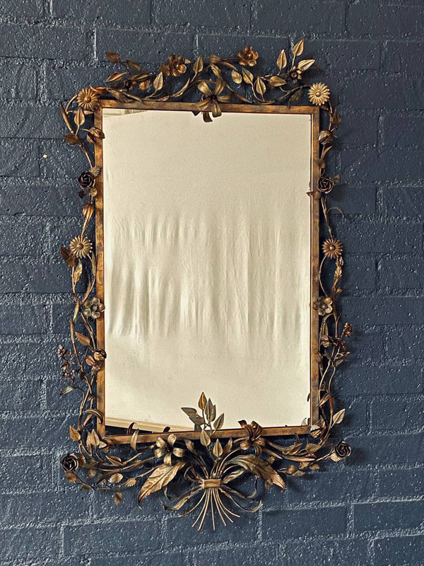Italian Florentine Gilt Mirror w/ Floral & Ribbon Motifs, c.1940’s