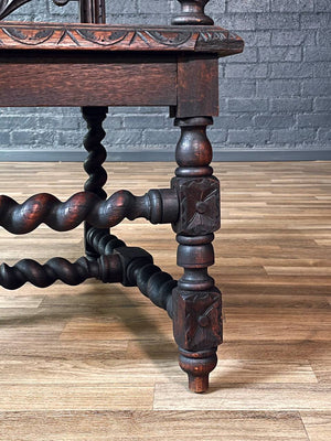 English Baroque Oak & Tooled Leather Armchair w/ Barley Twist Legs, c.1910’s