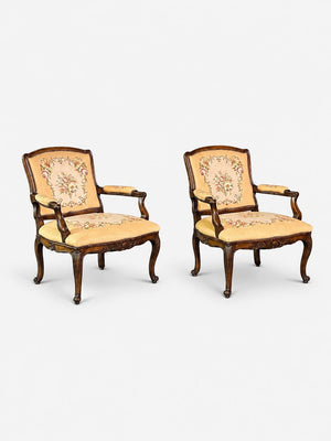 Pair of French Louis XV Carved Walnut Fauteuil Armchairs with Floral Needlepoint Upholstery, c.1920's