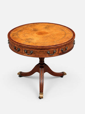 English Regency Mahogany Drum Table with Tooled Leather Top & Brass Casters, c.1940's