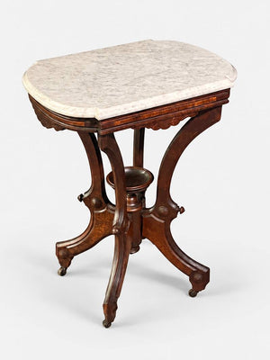 Antique Victorian Eastlake Walnut & White Marble Parlor Table on Casters, c.1900's