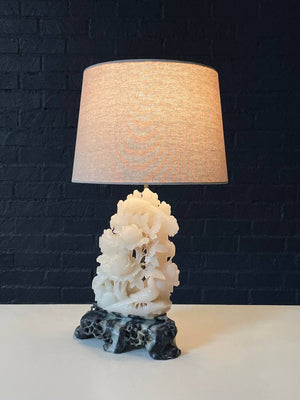 Vintage Italian Neoclassical Carved Alabaster Table Lamp w/ Floral & Bird Motif