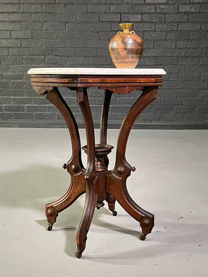 Antique Victorian Eastlake Walnut & White Marble Parlor Table on Casters, c.1900's