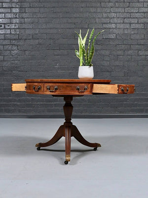 English Regency Mahogany Drum Table with Tooled Leather Top & Brass Casters, c.1940's