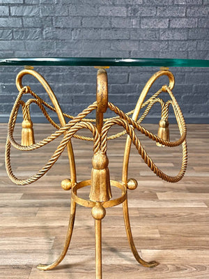 Italian Hollywood Regency Gilt Metal Rope & Tassel Side Table w/ Glass Top, c.1960’s