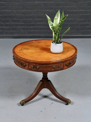 English Regency Mahogany Drum Table with Tooled Leather Top & Brass Casters, c.1940's