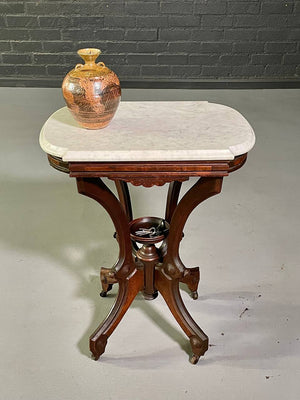 Antique Victorian Eastlake Walnut & White Marble Parlor Table on Casters, c.1900's