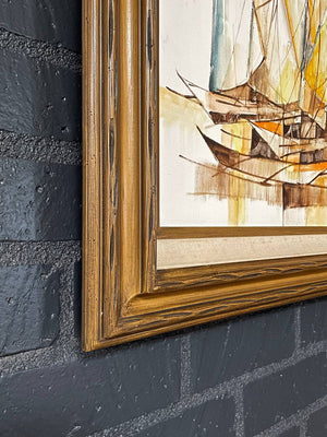 Mid-Century Modern Sailboat Fleet Oil Painting by Alfred B. - Signed Original