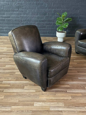 Pair of Art Deco Style Dark Olive Green Leather Chairs