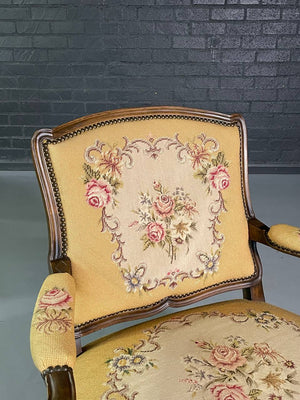 Pair of French Louis XV Carved Walnut Fauteuil Armchairs with Floral Needlepoint Upholstery, c.1920's