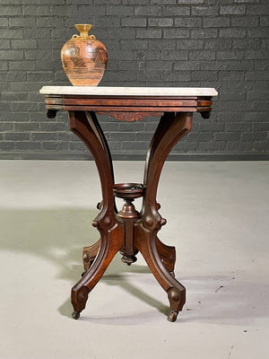 Antique Victorian Eastlake Walnut & White Marble Parlor Table on Casters, c.1900's