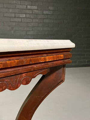 Antique Victorian Eastlake Walnut & White Marble Parlor Table on Casters, c.1900's