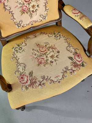 Pair of French Louis XV Carved Walnut Fauteuil Armchairs with Floral Needlepoint Upholstery, c.1920's